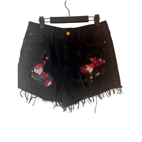 Distressed 8 Black Denim Sequin Patch Frayed Hem High-Waisted Shorts - Picture 1 of 10